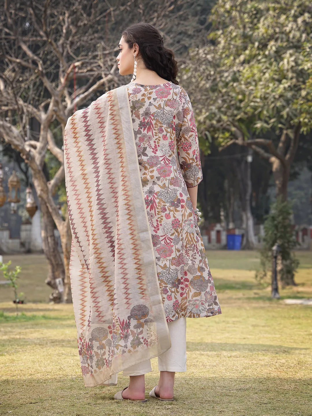 Beige Lilen A-Line Sequins_Work Have A Lining Kurta Trouser Dupatta Set