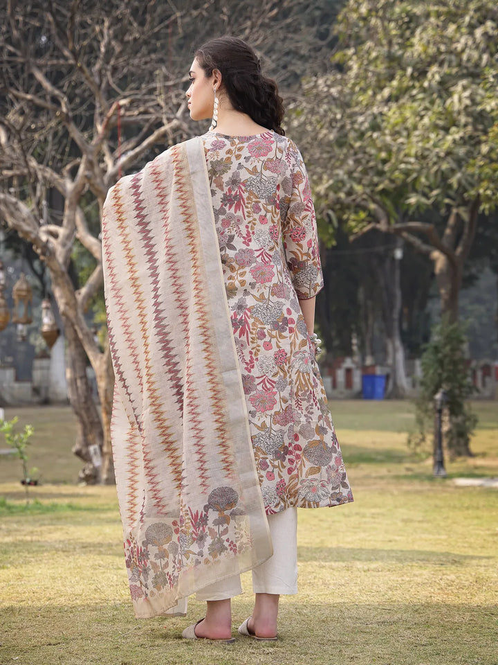 Beige Lilen A-Line Sequins_Work Have A Lining Kurta Trouser Dupatta Set