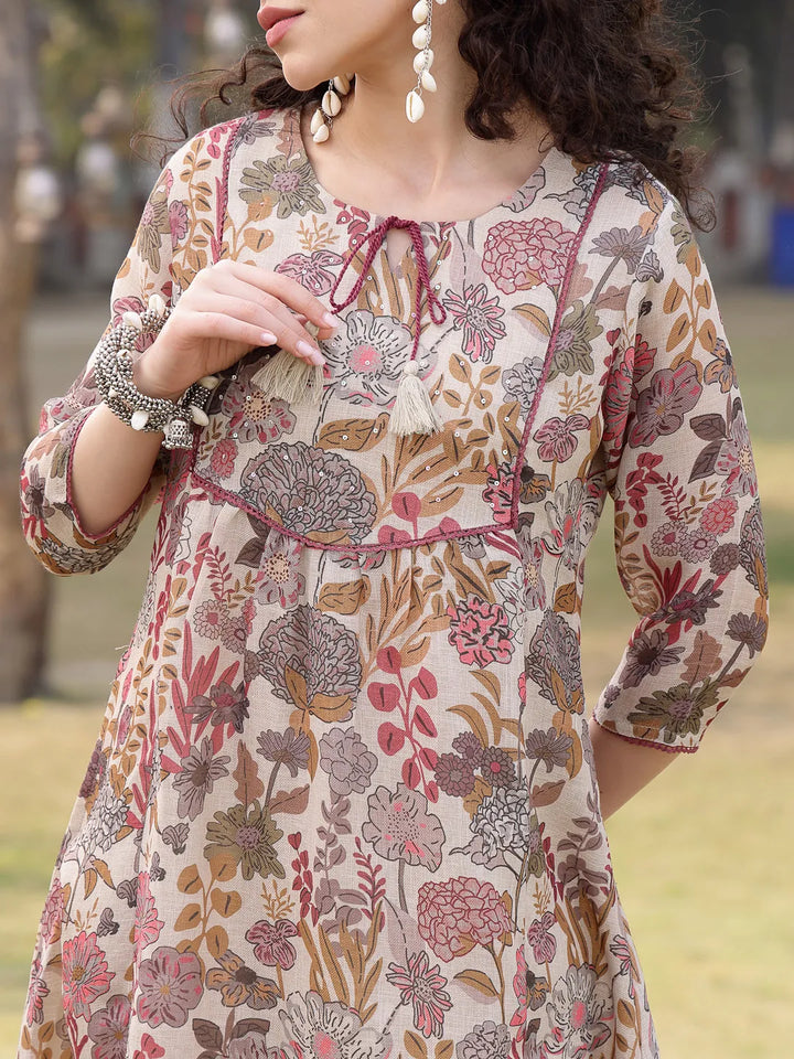 Beige Lilen A-Line Sequins_Work Have A Lining Kurta Trouser Dupatta Set