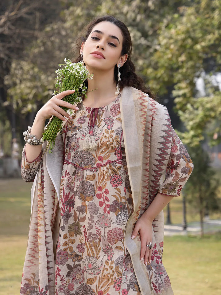 Beige Lilen A-Line Sequins_Work Have A Lining Kurta Trouser Dupatta Set