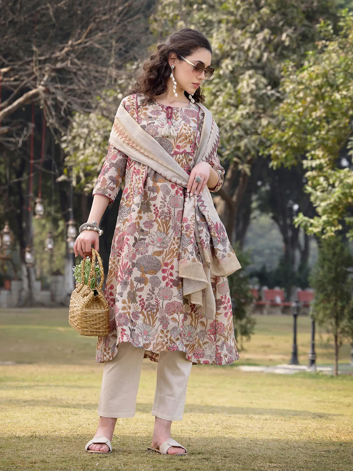 Beige Lilen A-Line Sequins_Work Have A Lining Kurta Trouser Dupatta Set