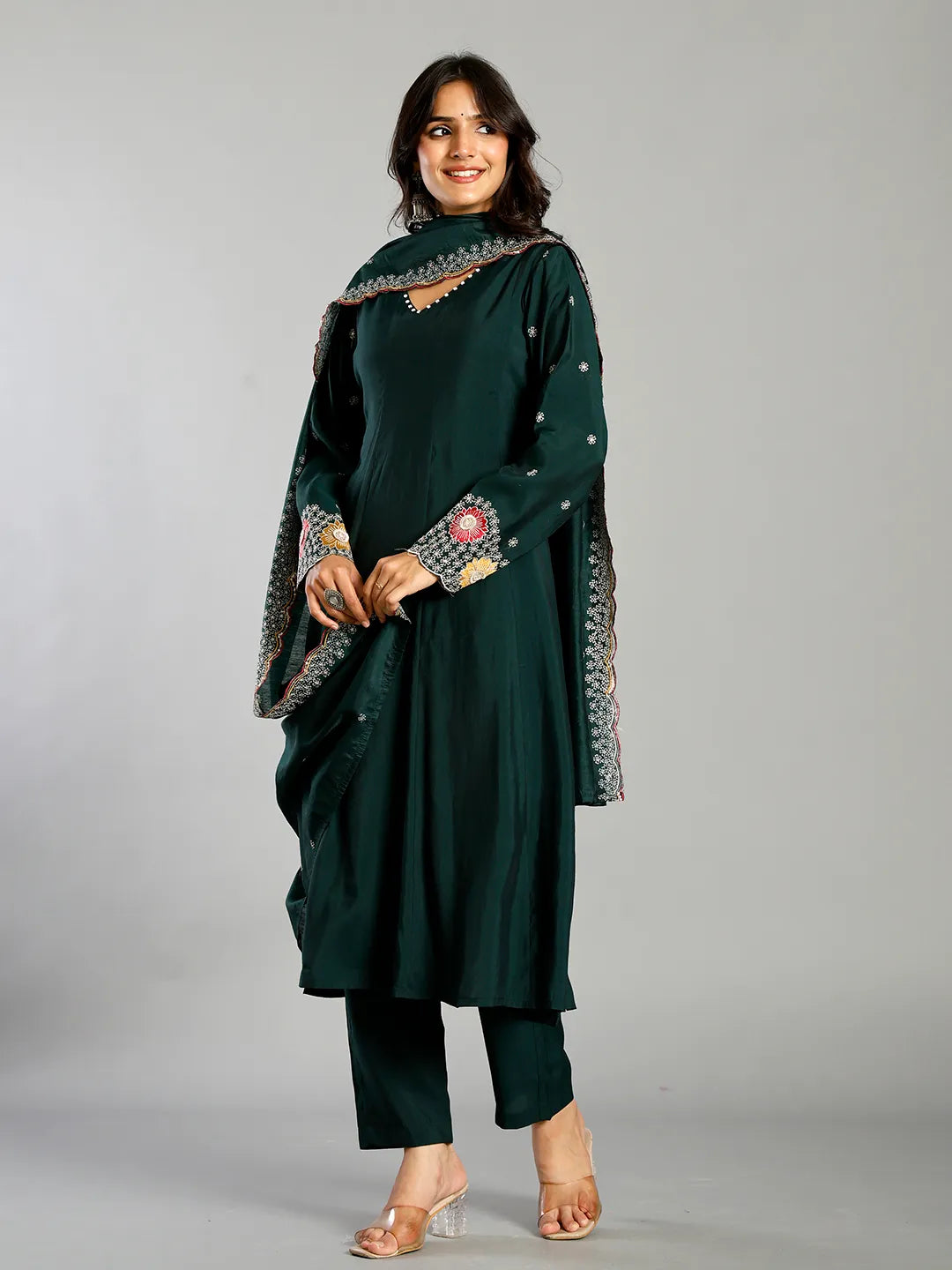 Green Roman Silk Zari Work A-Line Kurta Trouser Dupatta Set