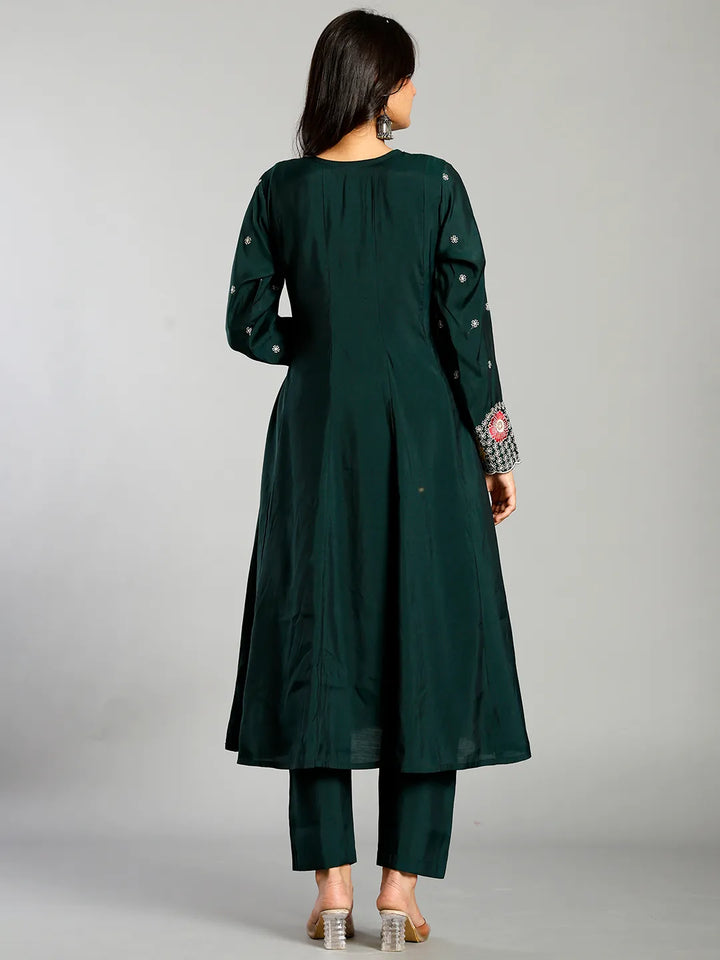 Green Roman Silk Zari Work A-Line Kurta Trouser Dupatta Set