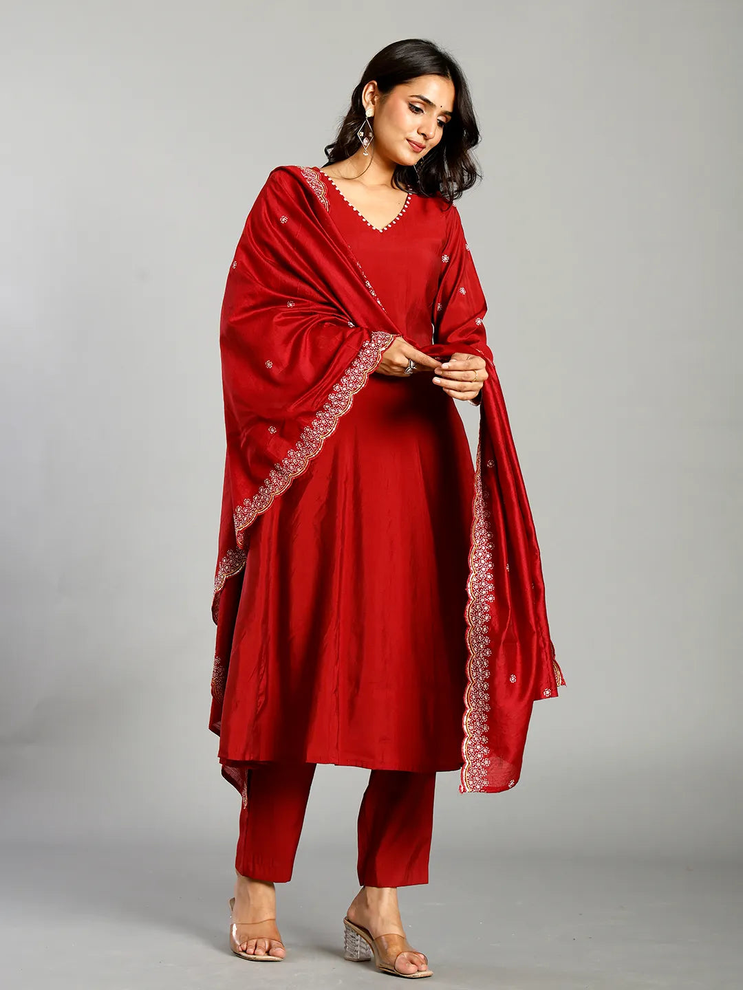 Red Roman Silk Zari Work A-Line Kurta Trouser Dupatta Set