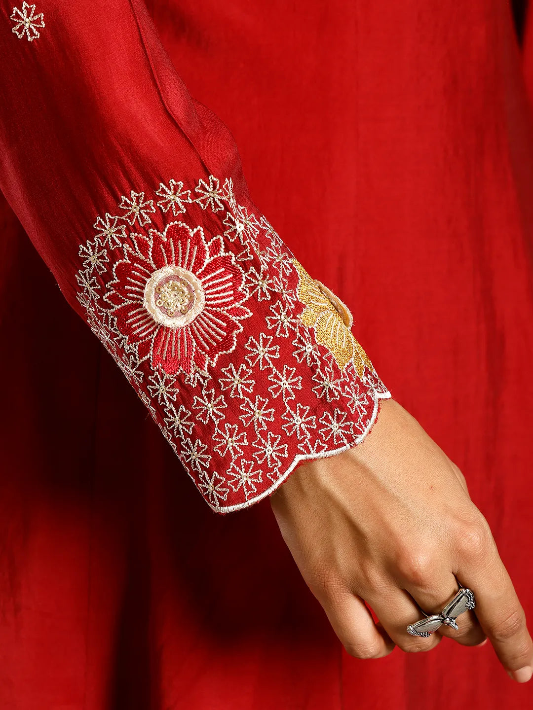 Red Roman Silk Zari Work A-Line Kurta Trouser Dupatta Set