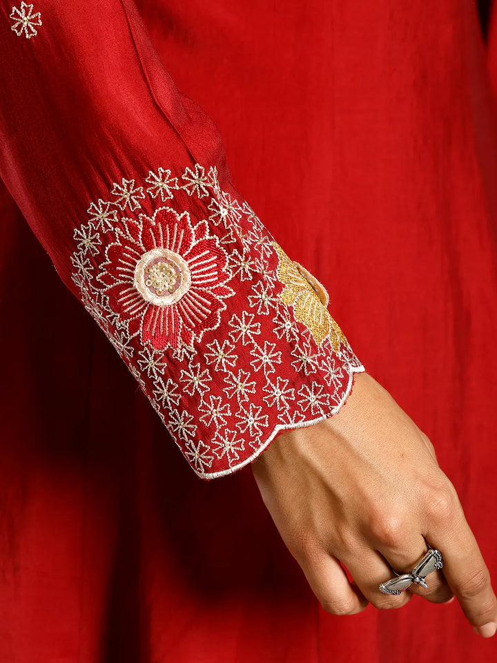 Red Roman Silk Zari Work A-Line Kurta Trouser Dupatta Set