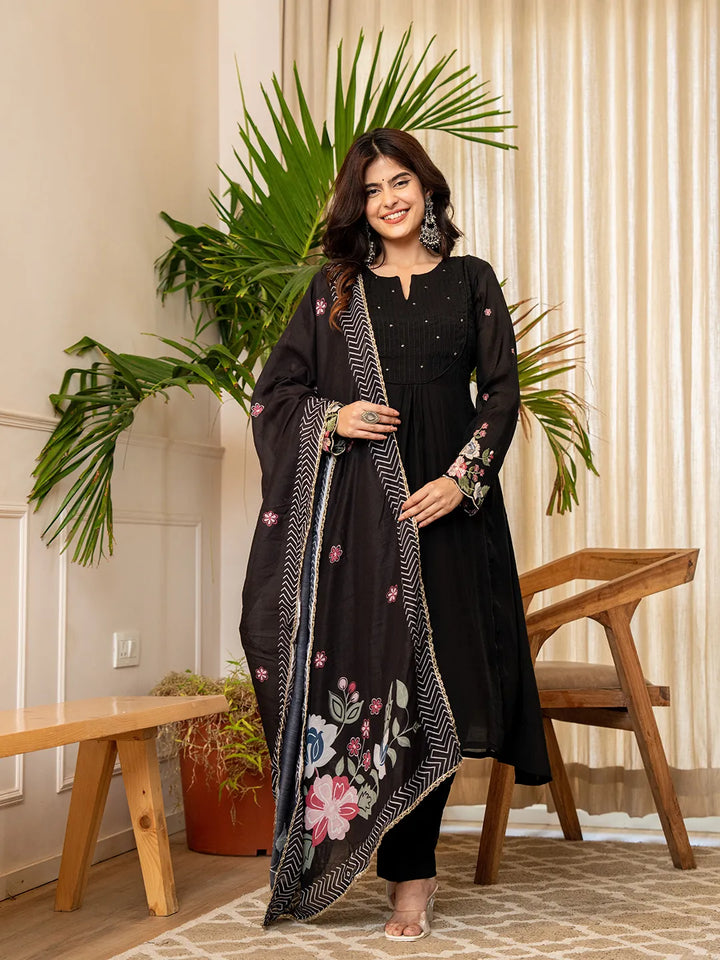 Black Resham Embroidery A-Line Chanderi Silk Kurta Trouser Dupatta Set