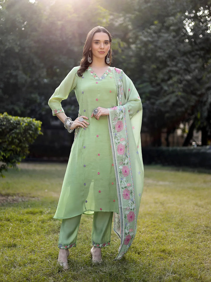 Pista Green Resham Embroidery A-Line Chanderi Silk Kurta Trouser Dupatta Set