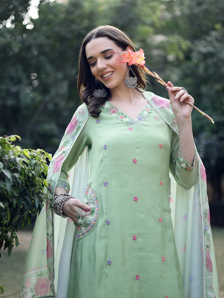 Pista Green Resham Embroidery A-Line Chanderi Silk Kurta Trouser Dupatta Set