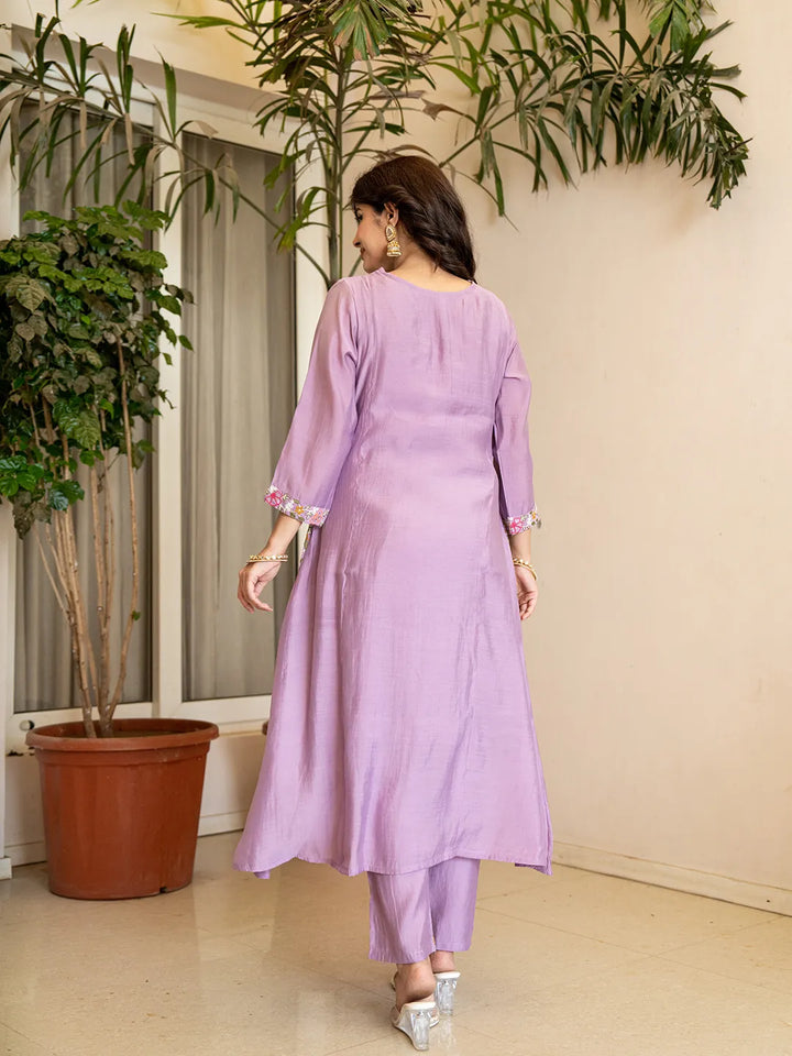 Lavender Resham Embroidery A-Line Chanderi Silk Kurta Trouser Dupatta Set