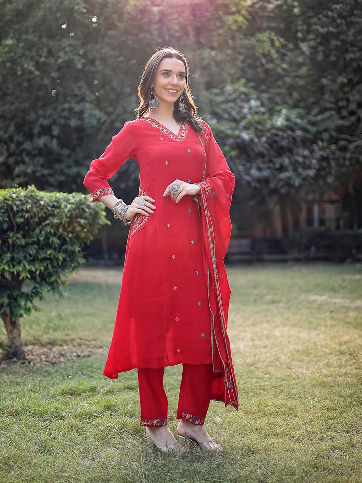 Red Resham Embroidery A-Line Chanderi Silk Kurta Trouser Dupatta Set