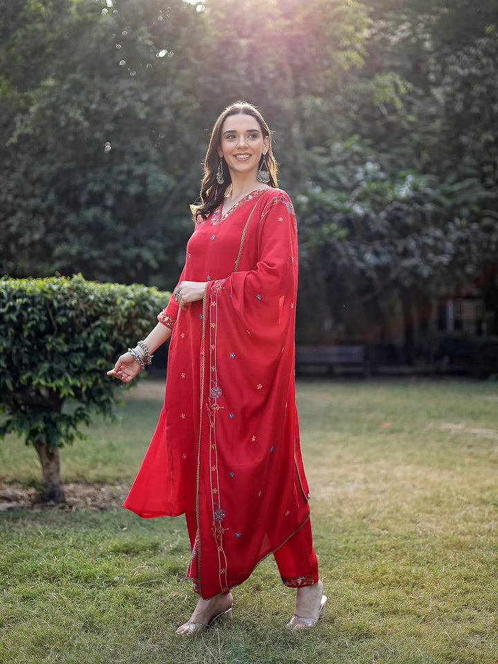 Red Resham Embroidery A-Line Chanderi Silk Kurta Trouser Dupatta Set