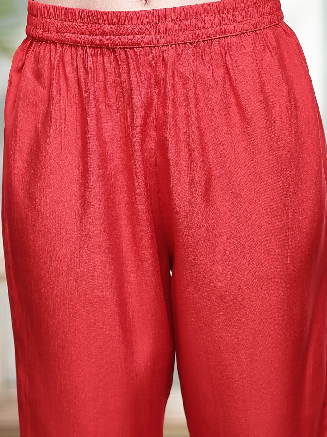 Red Resham Embroidery A-Line Chanderi Silk Kurta Trouser Dupatta Set