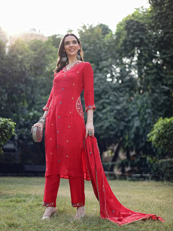 Red Resham Embroidery A-Line Chanderi Silk Kurta Trouser Dupatta Set