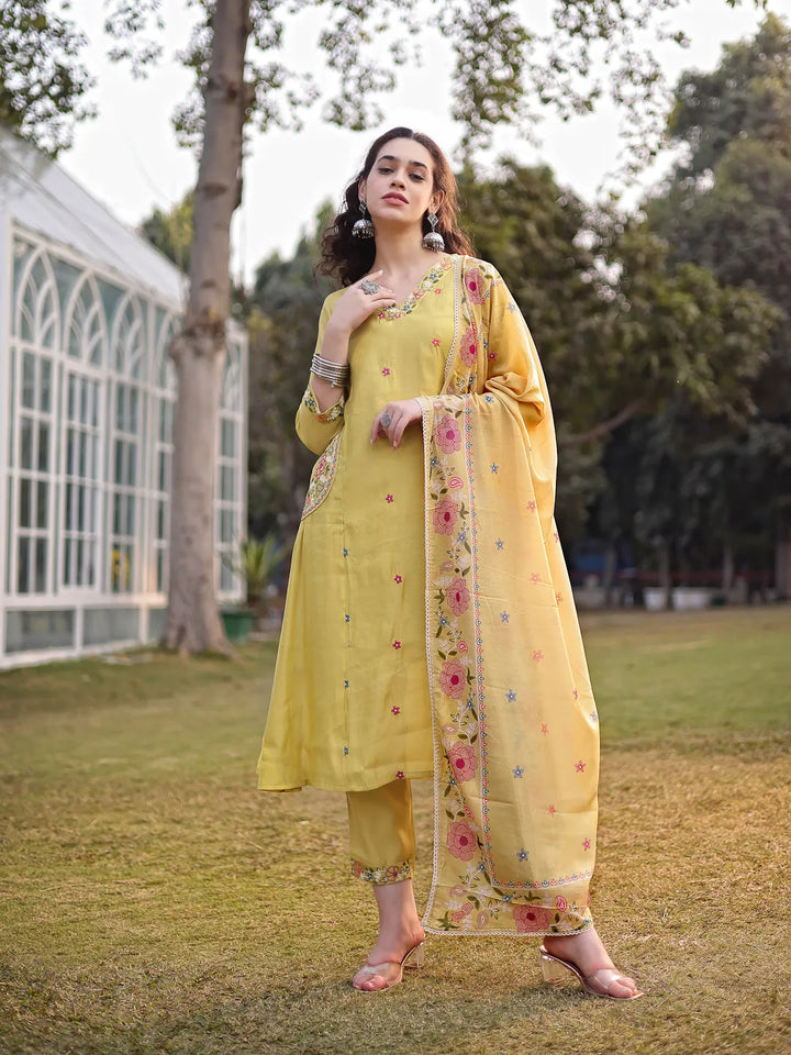 Yellow Resham Embroidery A-Line Chanderi Silk Kurta Trouser Dupatta Set