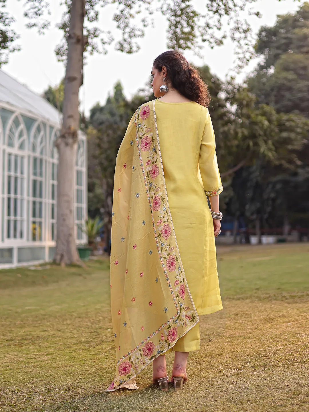 Yellow Resham Embroidery A-Line Chanderi Silk Kurta Trouser Dupatta Set