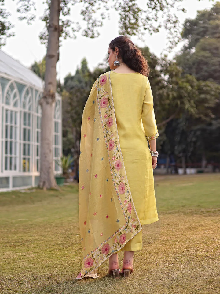 Yellow Resham Embroidery A-Line Chanderi Silk Kurta Trouser Dupatta Set