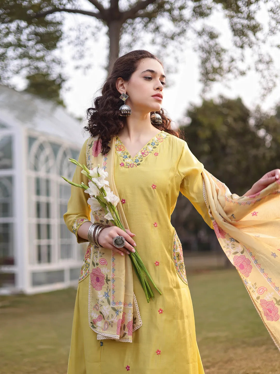 Yellow Resham Embroidery A-Line Chanderi Silk Kurta Trouser Dupatta Set