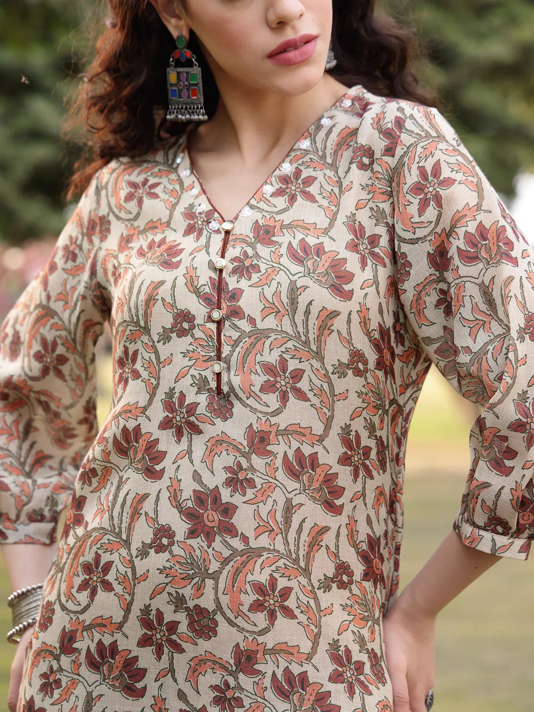 Beige Linen Floral Print Sequins-Work A-Line Show Button Kurta Trouser Dupatta Set