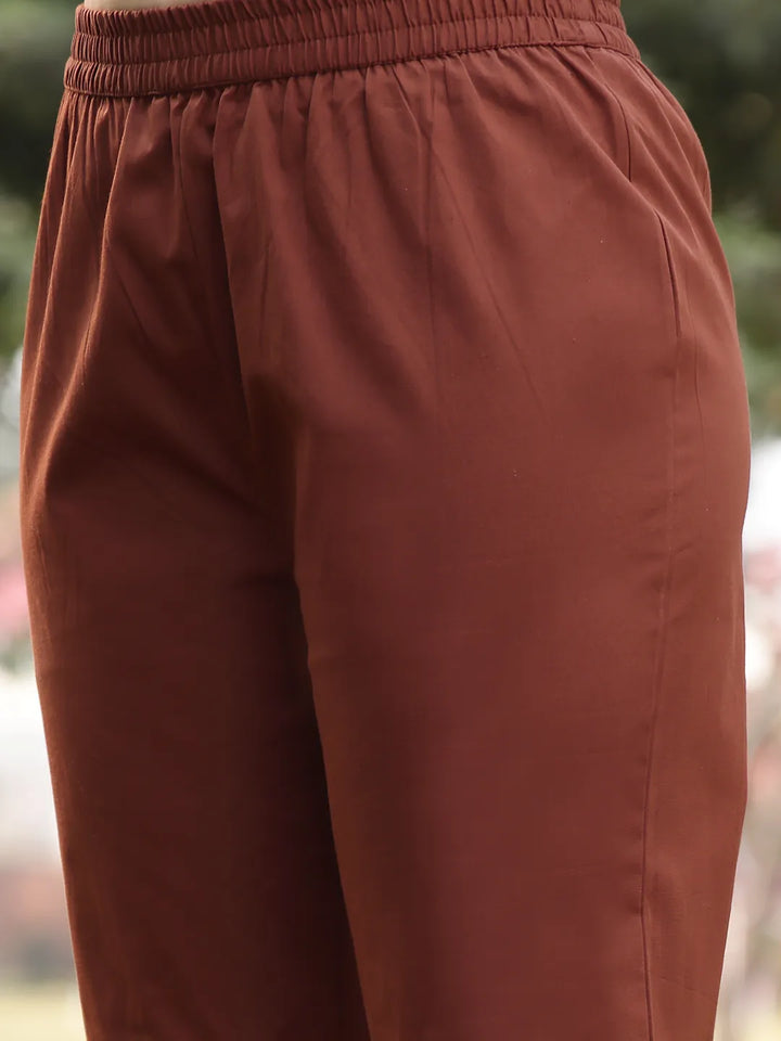 Beige Linen Floral Print Sequins-Work A-Line Show Button Kurta Trouser Dupatta Set