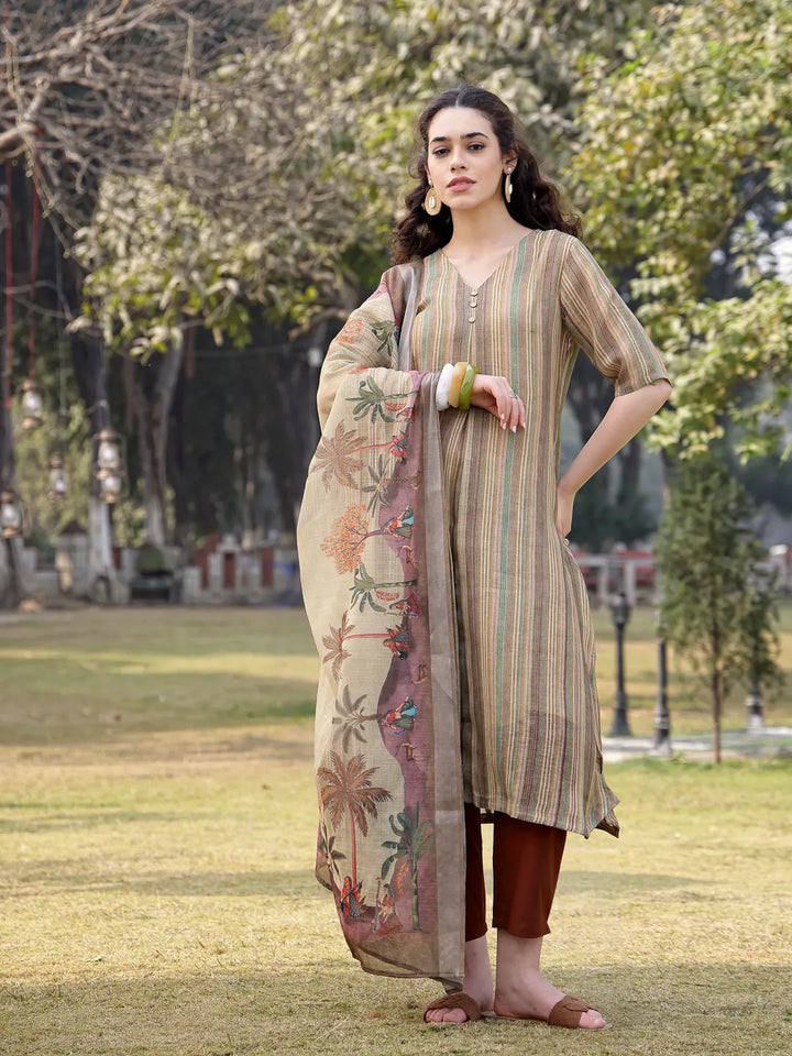 Beige Linen A Line Kurta Trouser Dupatta Set