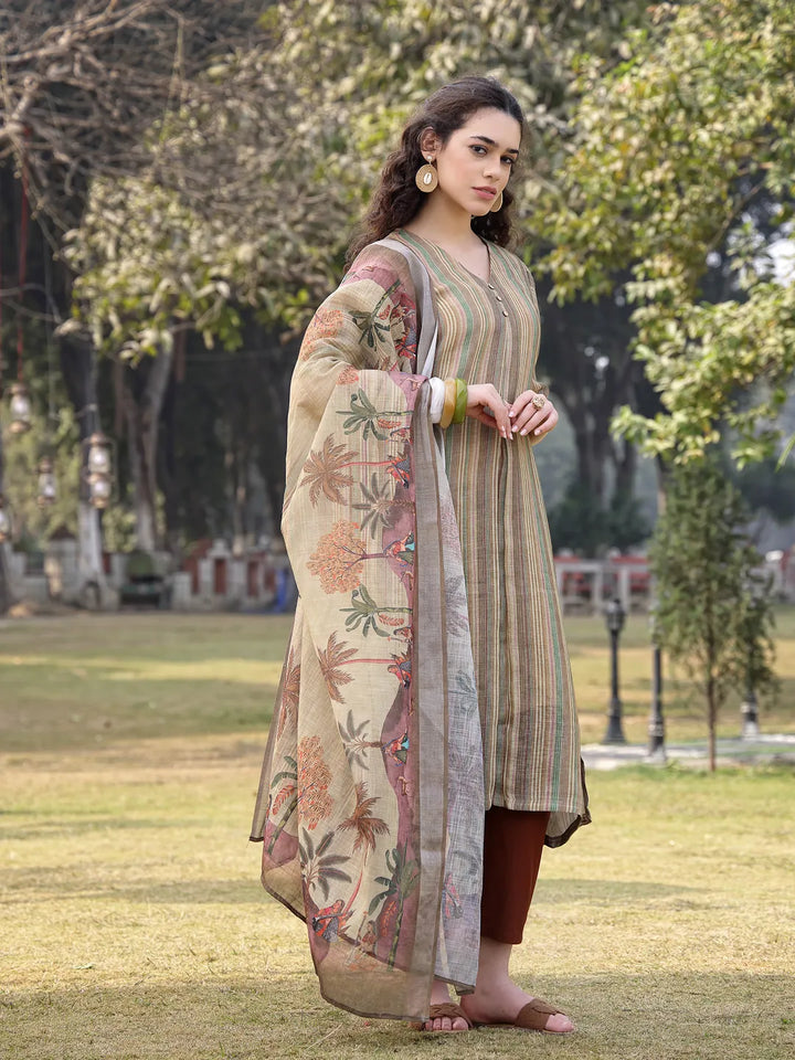 Beige Linen A Line Kurta Trouser Dupatta Set