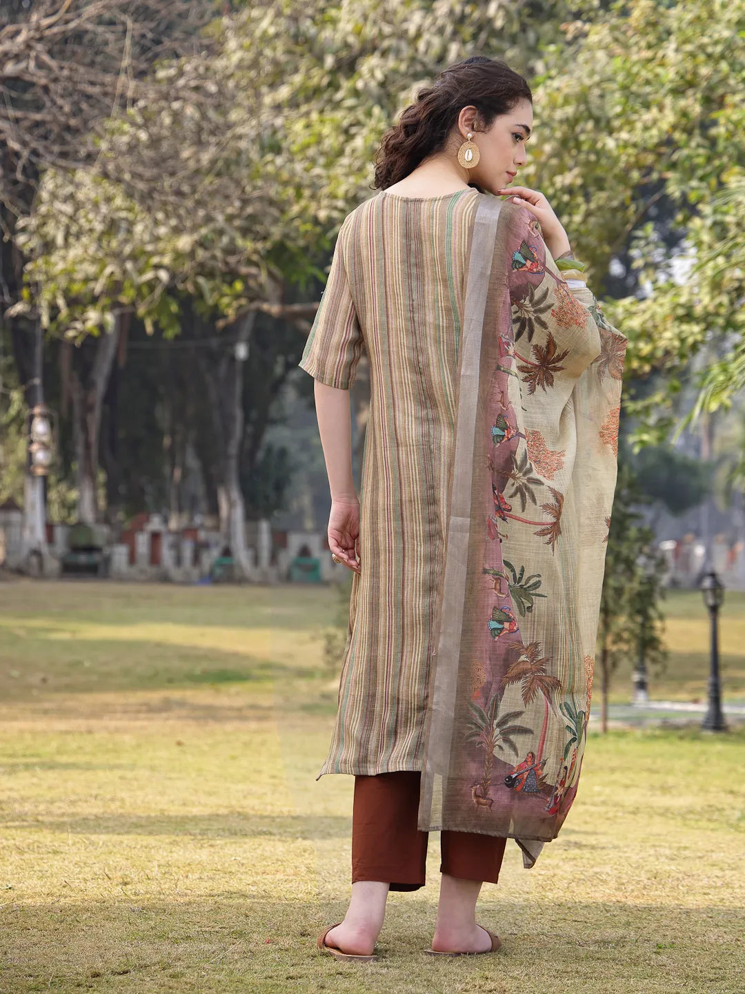 Beige Linen A Line Kurta Trouser Dupatta Set