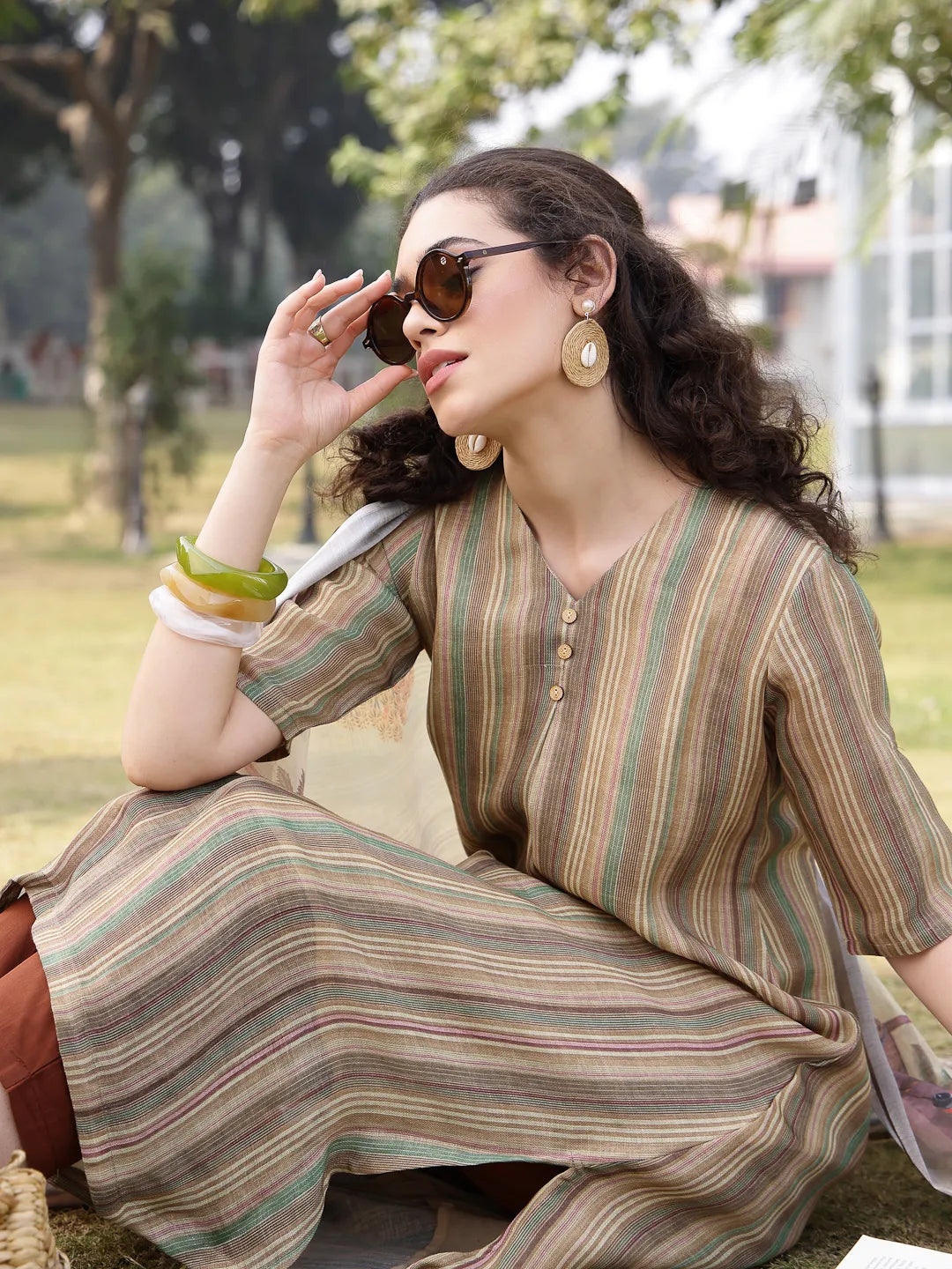 Beige Linen A Line Kurta Trouser Dupatta Set