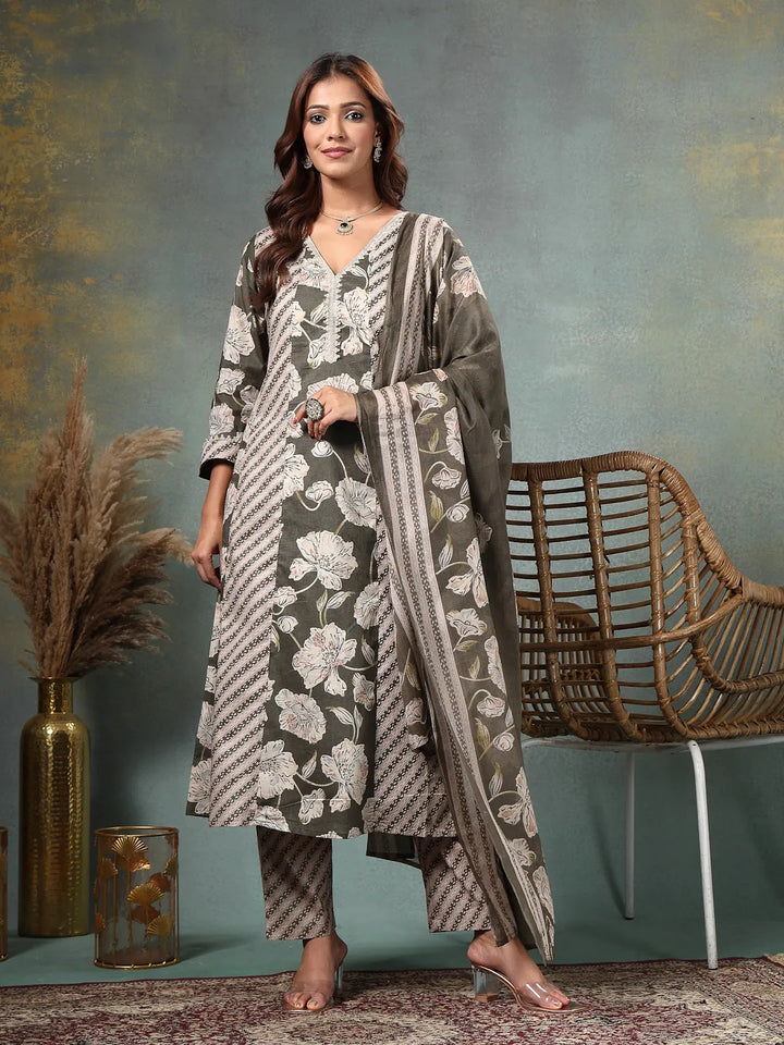 Olive Floral Print Anarkali Silk Blend Kalidaar Kurta Trouser Dupatta Set