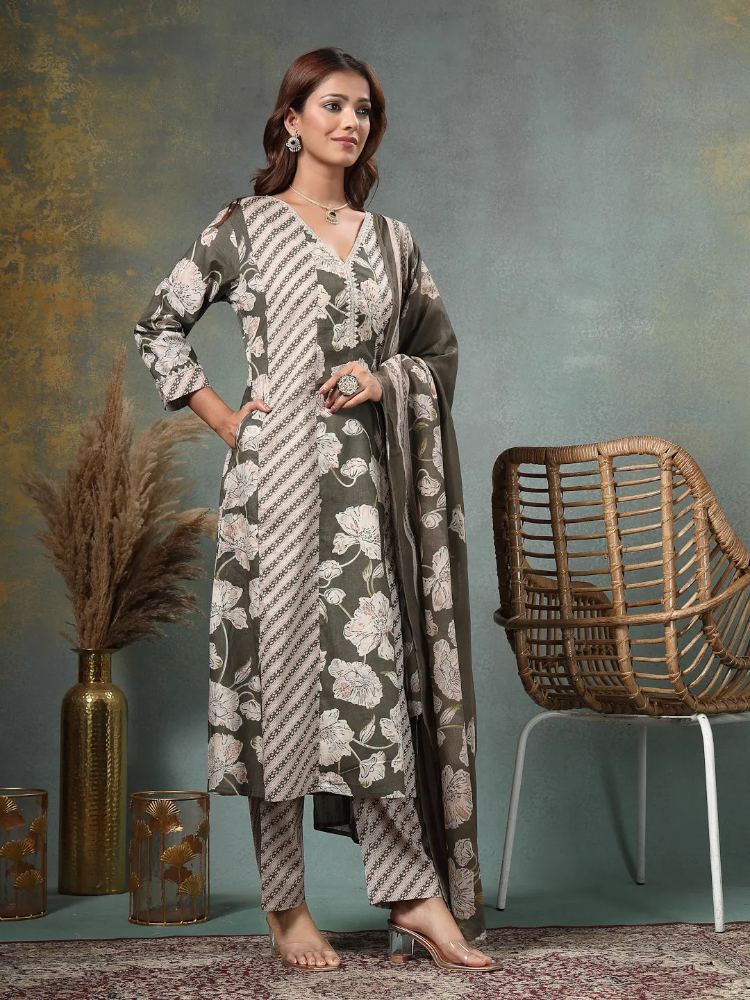 Olive Floral Print Anarkali Silk Blend Kalidaar Kurta Trouser Dupatta Set