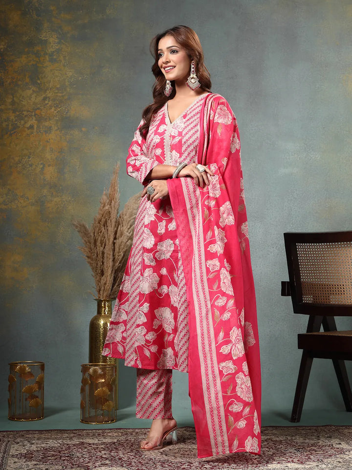 Pink Floral Print Anarkali Silk Blend Kalidaar Kurta Trouser Dupatta Set