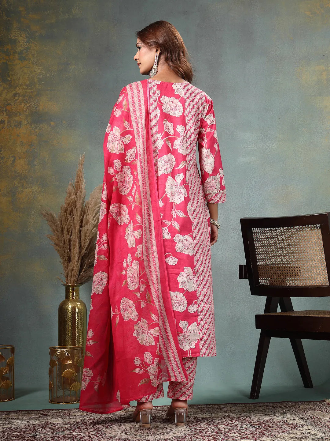 Pink Floral Print Anarkali Silk Blend Kalidaar Kurta Trouser Dupatta Set