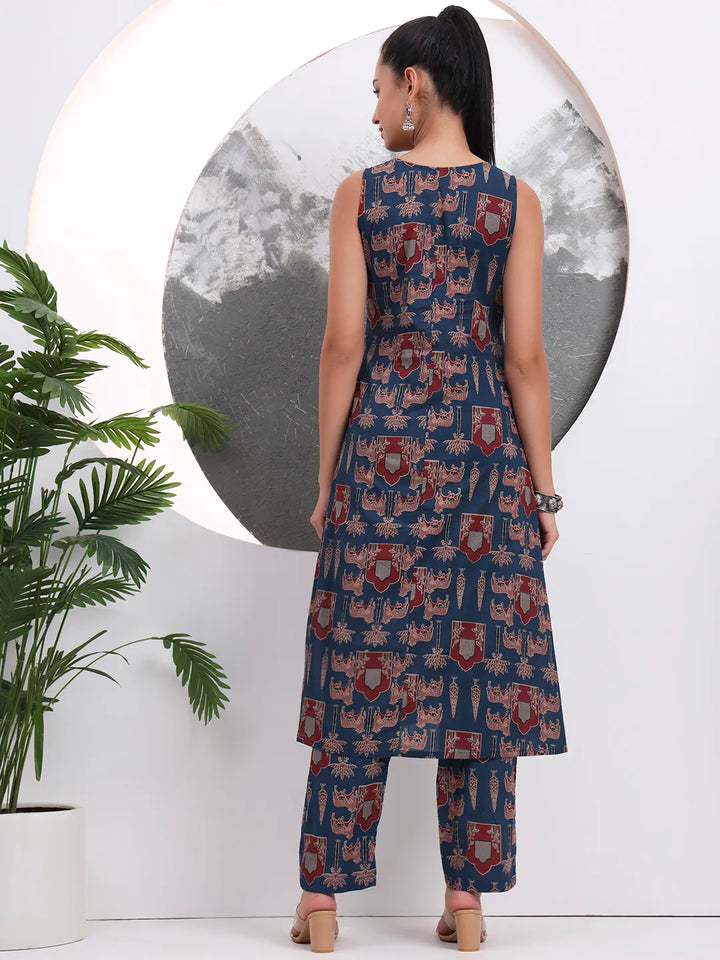 Blue Animal Print Aline Pure Cotton Kurta Trouser Set