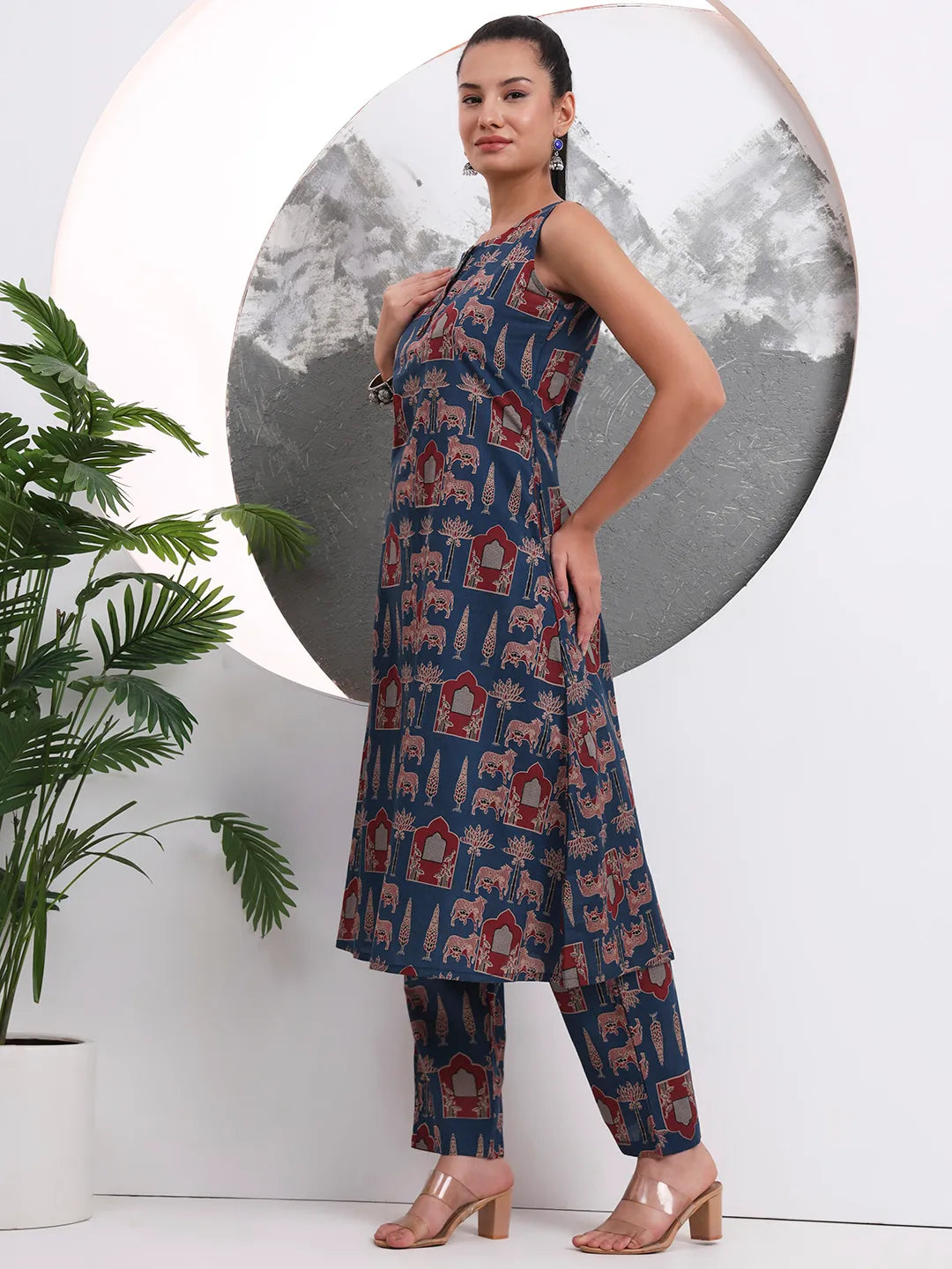 Blue Animal Print Aline Pure Cotton Kurta Trouser Set