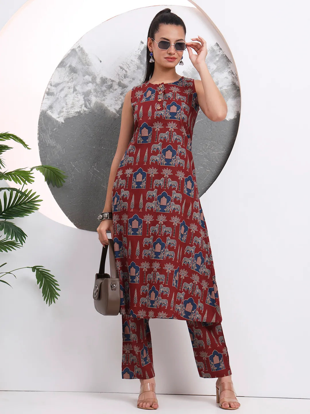 Red Paisley Prented Pure Cotton A-line Kurta