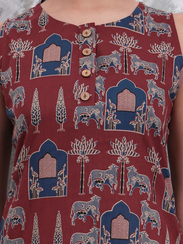 Rust Animal Print Aline Pure Cotton Kurta Trouser Set