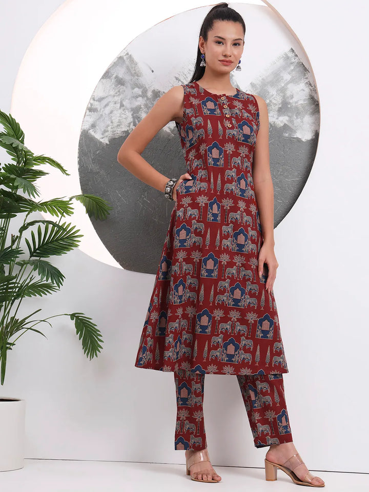 Rust Animal Print Aline Pure Cotton Kurta Trouser Set