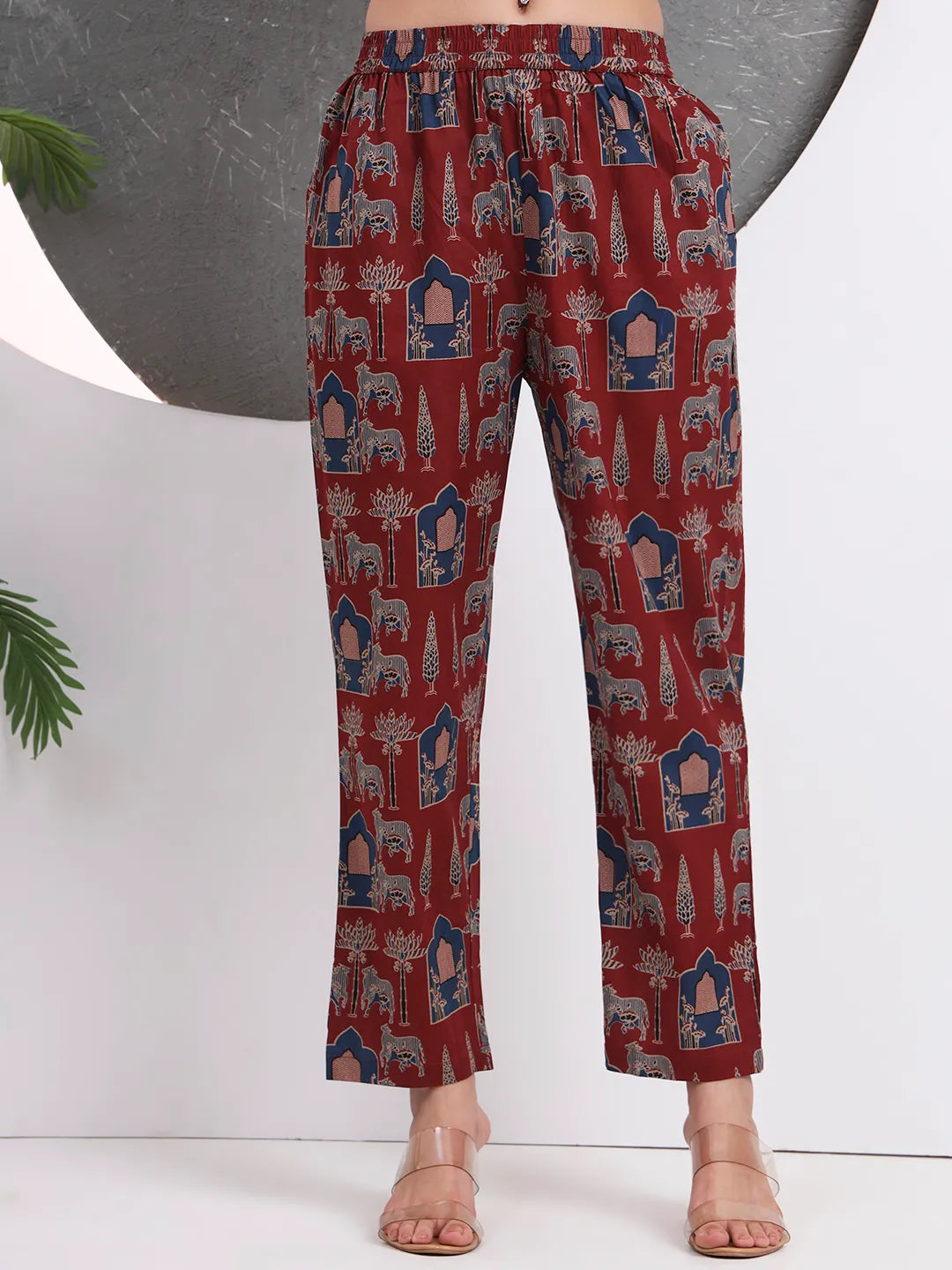 Rust Animal Print Aline Pure Cotton Kurta Trouser Set