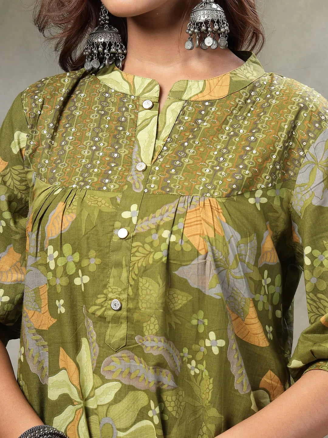 Green Sequins Work Pure Cotton A-Line Kurta Trouser Dupatta Set