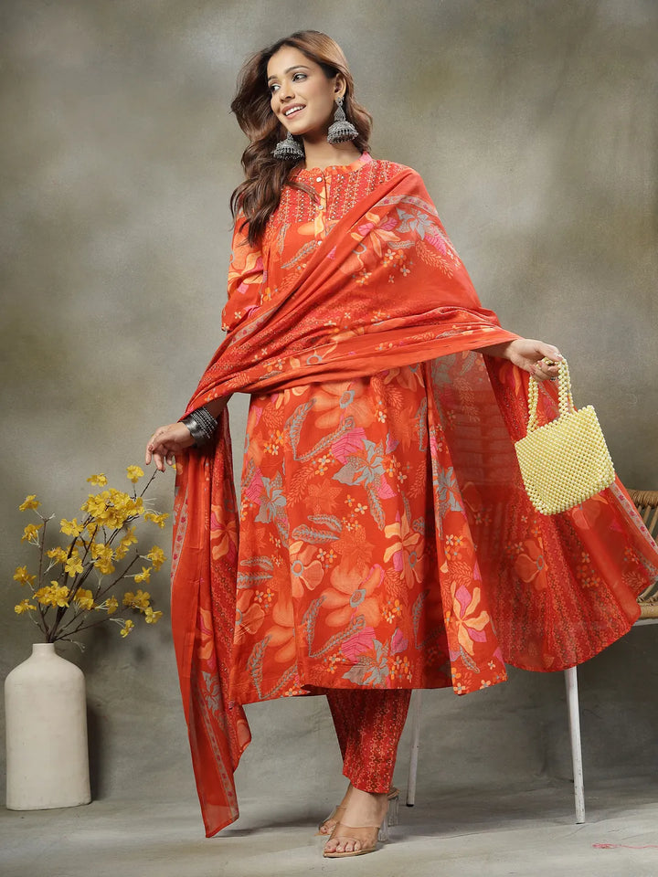 Orange Sequins Work Pure Cotton A-Line Kurta Trouser Dupatta Set