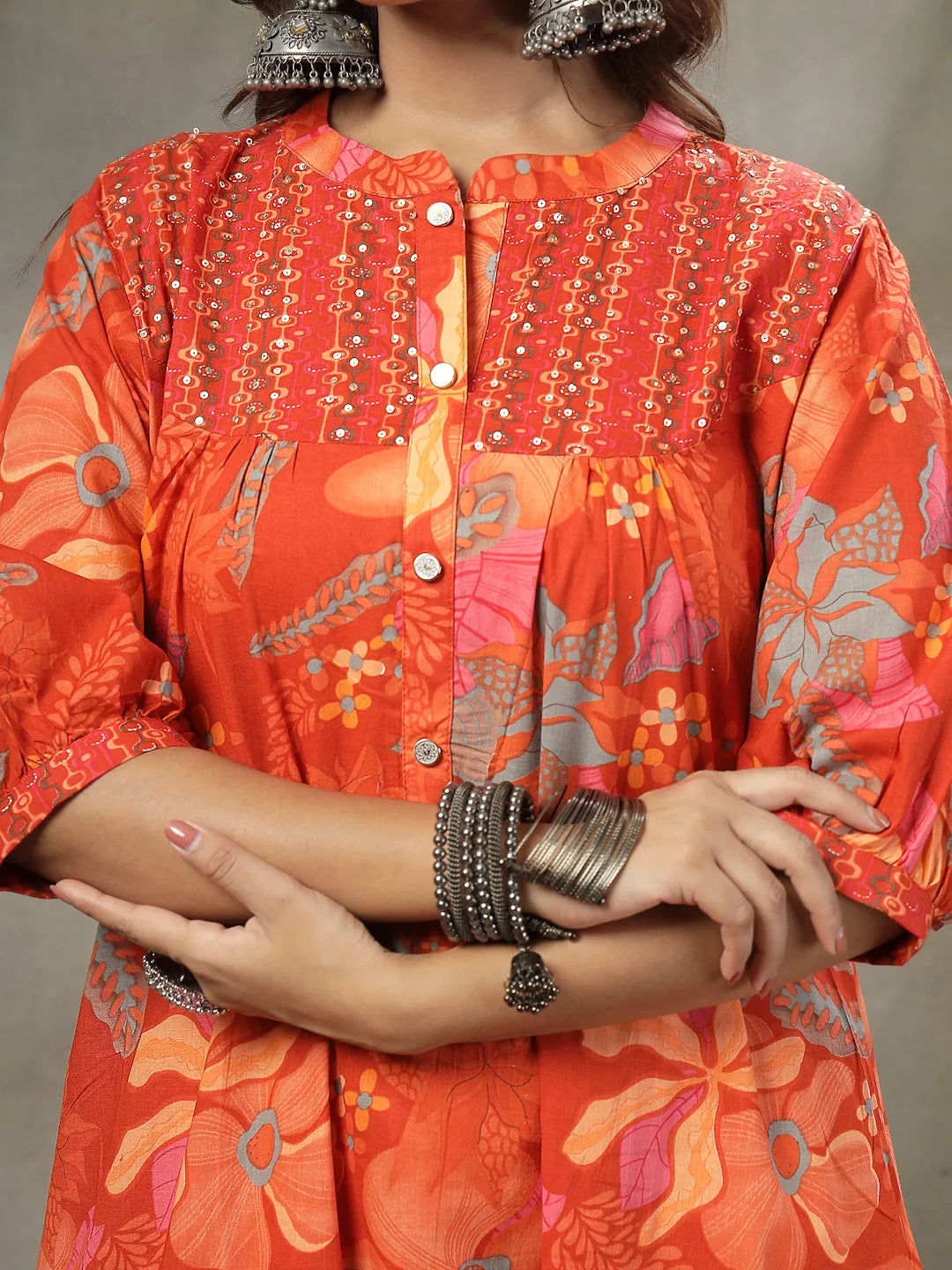 Orange Sequins Work Pure Cotton A-Line Kurta Trouser Dupatta Set