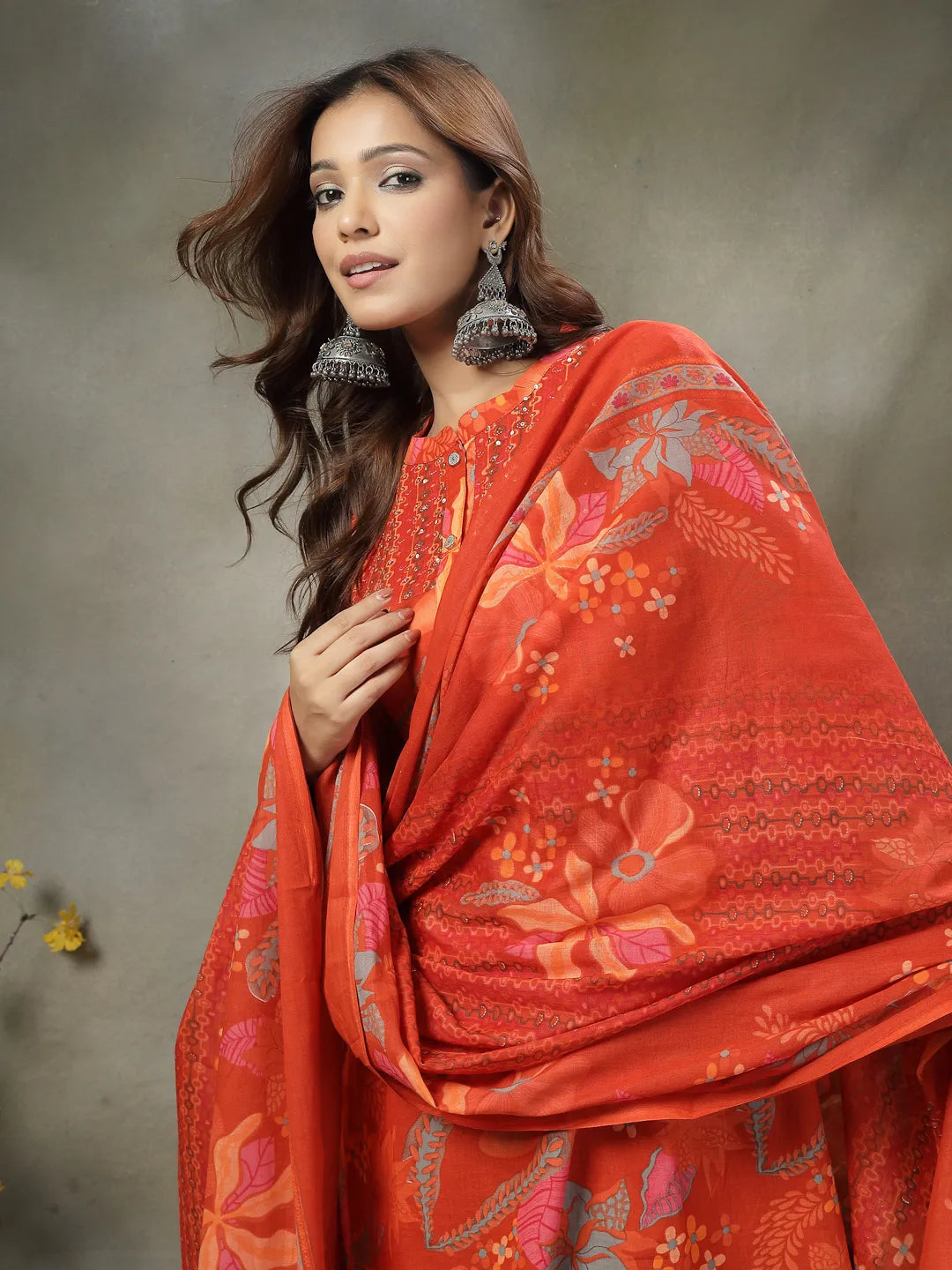 Orange Sequins Work Pure Cotton A-Line Kurta Trouser Dupatta Set