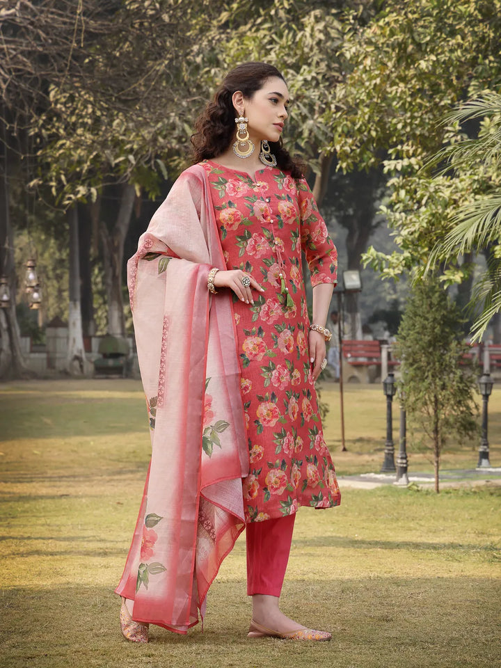 Pink Linen Flared Kurta Trouser Dupatta Set