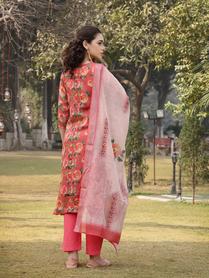 Pink Linen Flared Kurta Trouser Dupatta Set
