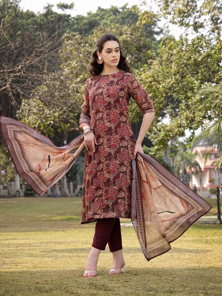 Brown Floral,Sequins_Work Linen Flared Kurta Trouser Dupatta Set