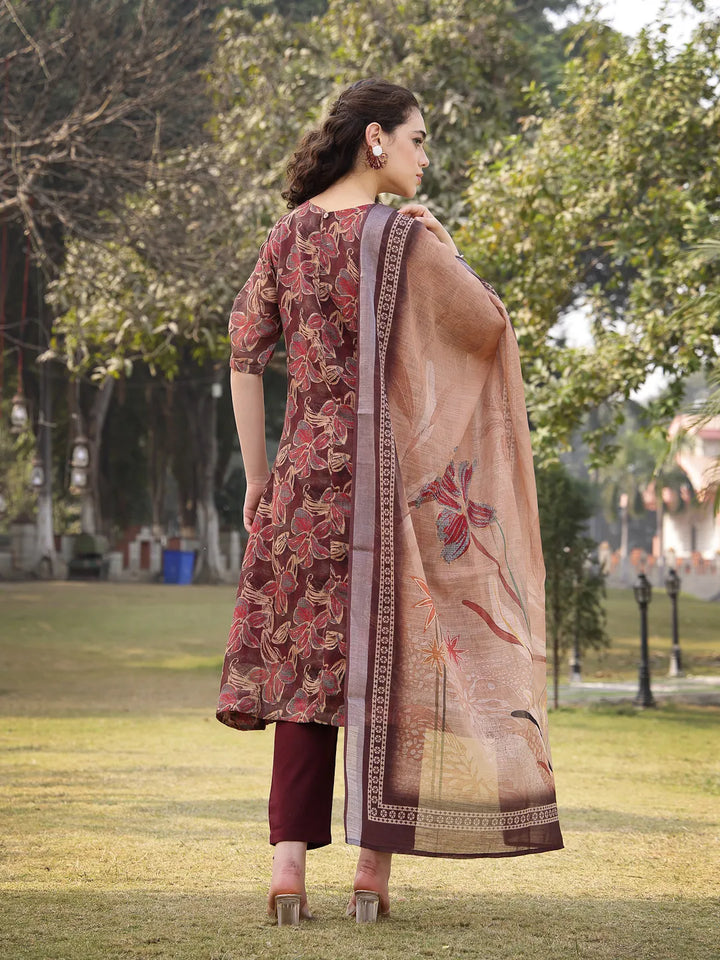 Brown Floral,Sequins_Work Linen Flared Kurta Trouser Dupatta Set