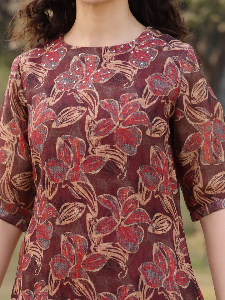 Brown Floral,Sequins_Work Linen Flared Kurta Trouser Dupatta Set