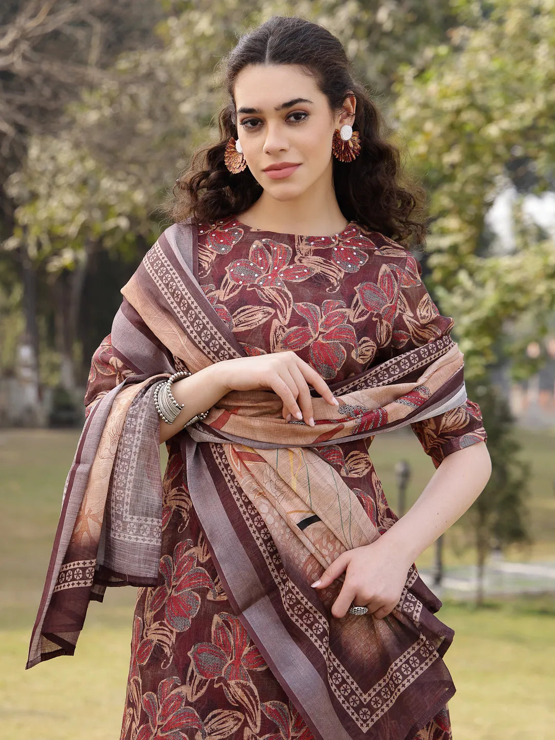 Brown Floral,Sequins_Work Linen Flared Kurta Trouser Dupatta Set