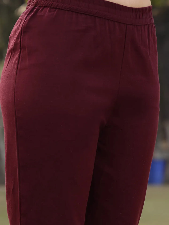 Brown Floral,Sequins_Work Linen Flared Kurta Trouser Dupatta Set