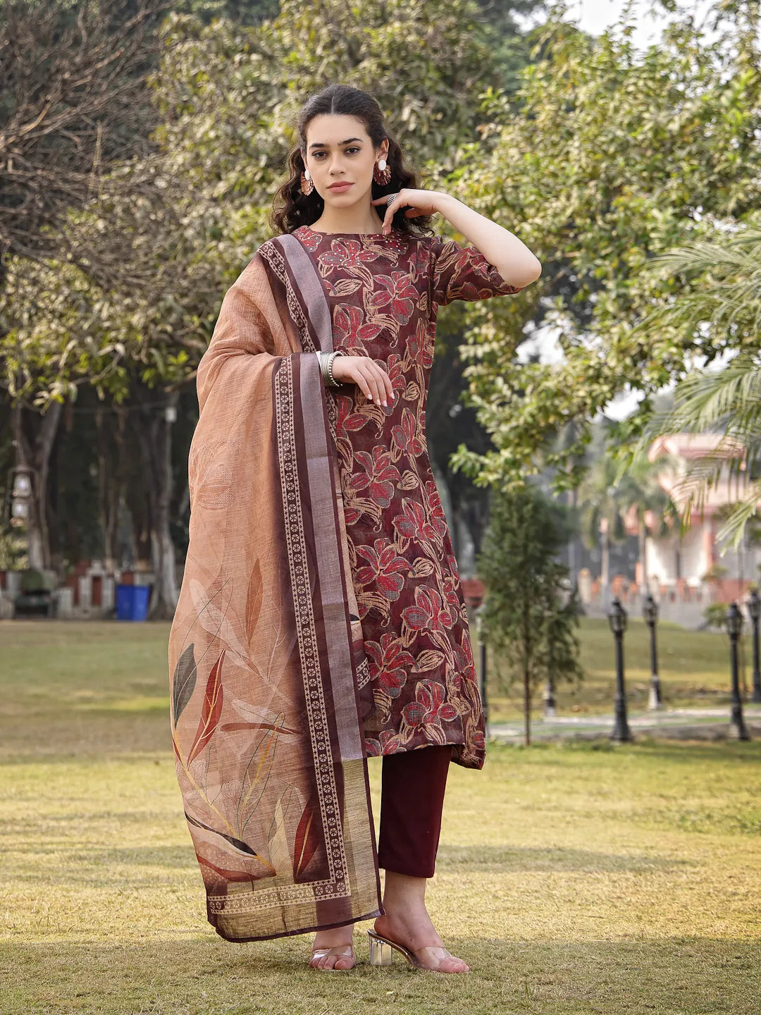 Brown Floral,Sequins_Work Linen Flared Kurta Trouser Dupatta Set